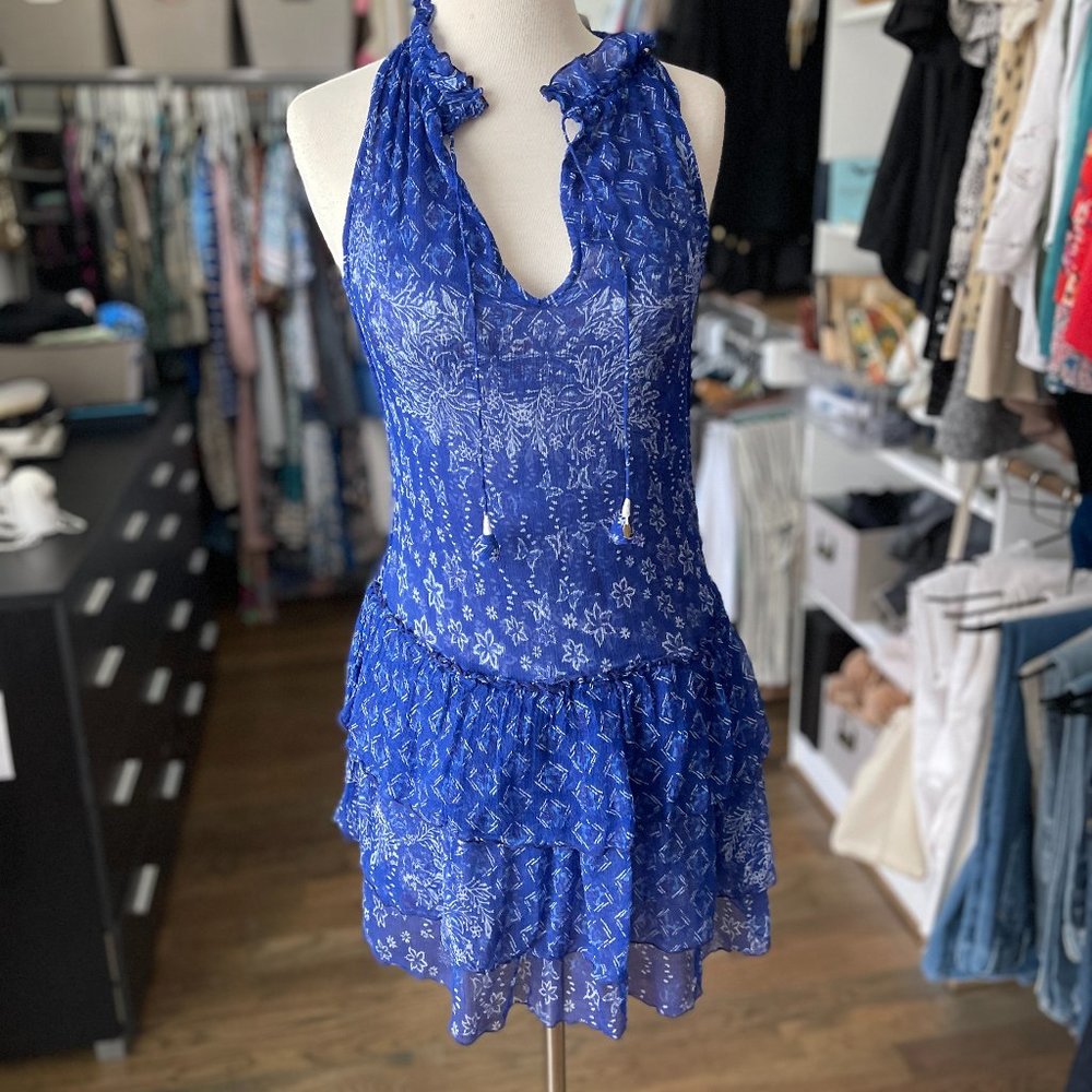 Poupette St. Barth - Blue White Mini Flounce Tassel Dress or Swim Coverup Sz XS